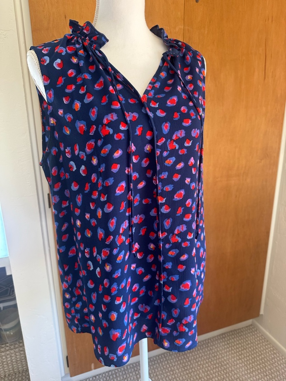 Navy Sleeveless Ruffled V-Neck Tank with Red & Lavender Spot Print